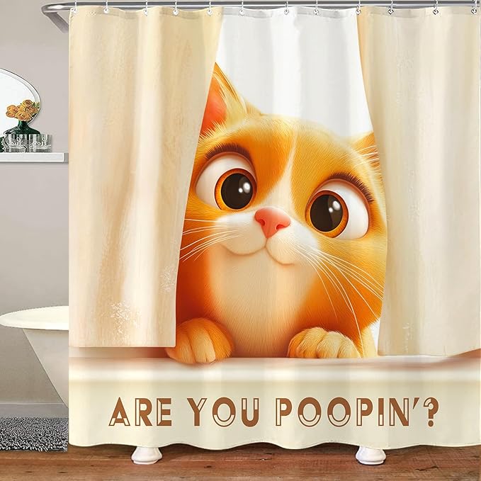 Yeoiat are You Pooping Shower Curtain Funny Shower Curtain Cute Shower Curtains for Bathroom Fun Shower Curtain Set with 12 Hooks Cat-04 72×72 Inches