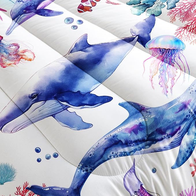 Whale Jellyfish Shark Bedding Dolphin Coral Comforter 3Pcs Twin Underwater Fish Starfish Quilt Set for Kids Teens Girls Boys Clownfish Seaweed Bed Decor Set with 1 Comforter and 2 Pillowcases