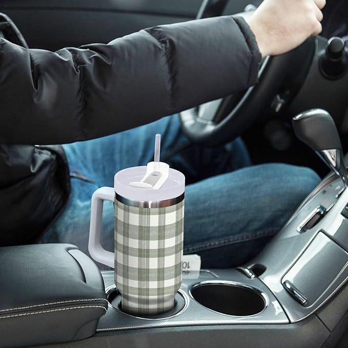 Boccsty Watercolor Sage Green Plaid Insulated Tumblers Reusable Stainless Steel Tumbler 40 oz Cup Coffee Travel Mug Water Bottle with Handle & Flip Straw for Home Office Car