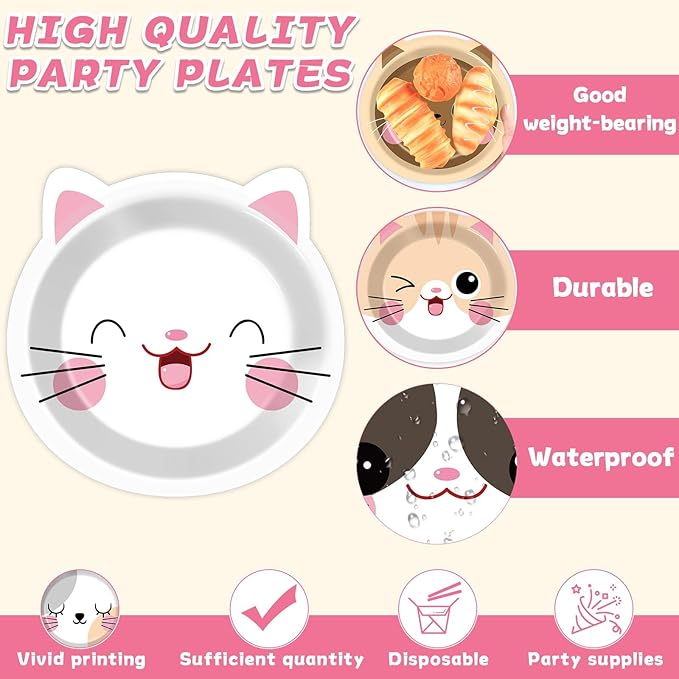 ZOIIWA 48Pcs Cat Theme Birthday Party Supplies Cartoon Kitten Paper Dinner Plates Disposable Cat Shaped Tableware Dinnerware Set for Kids Girls Birthday Baby Shower Party Table Decoration Favors