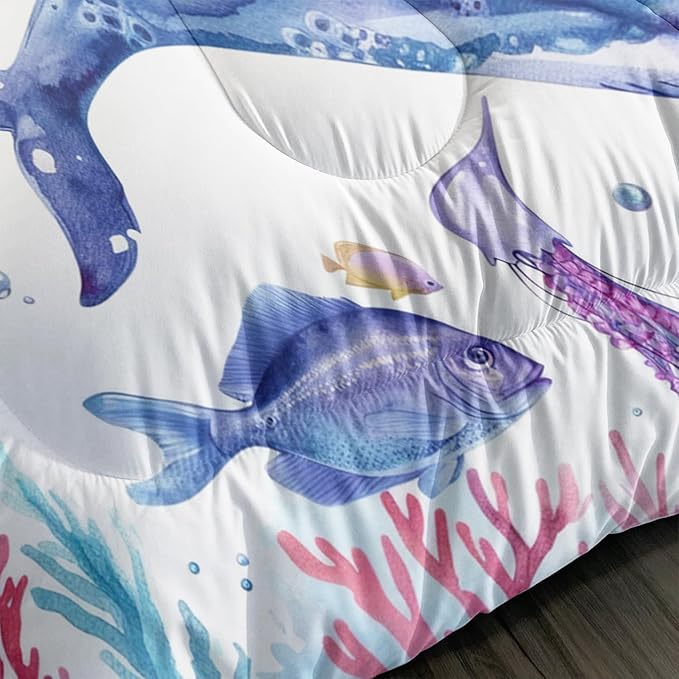 Whale Jellyfish Shark Bedding Dolphin Coral Comforter 3Pcs Twin Underwater Fish Starfish Quilt Set for Kids Teens Girls Boys Clownfish Seaweed Bed Decor Set with 1 Comforter and 2 Pillowcases