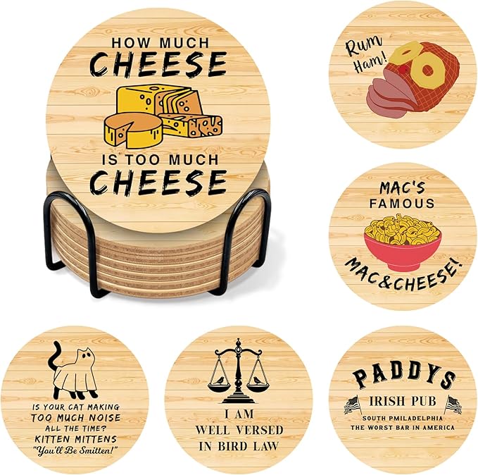 Sunny in Philadelphia TV Show Themed Merchandise for Fans, Funny Drink Coasters with Coaster Holder Set of 6, Cute Coasters for Drinks, Bar Cork Coasters for Coffee Desk Table