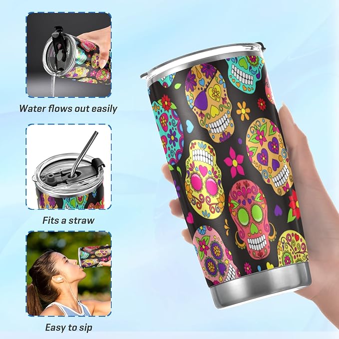 Tumbler Sugar Skull Insulated Coffee Cup Halloween Day of The Dead Beverage Container Travel Mug with Straw and Lid Double Wall Stainless Steel 20oz Holiday Gift