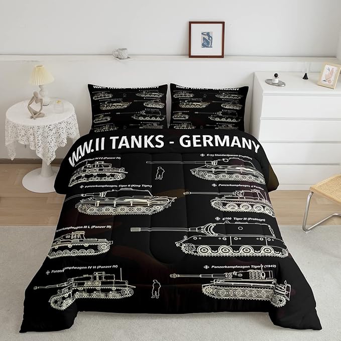 Tank Comforter Set Queen, War Theme Bedding Set, Soldier Dirt Bike Camouflage Army Acting Down Comforter For Kid Boy Teen Men,Camo Vintage Style Quilt Set, Military Vehicle Duvet Set Room Decor