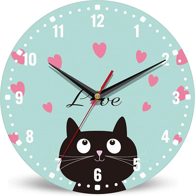 SPUNKER Clocks for Living Room,Cute Black Cat 10 Inch Wall Clock,Red Love Heart Small Battery Operated Wall Clocks Decorative for Kitchen/Living Room/Bedroom/Bathroom/Dining Room