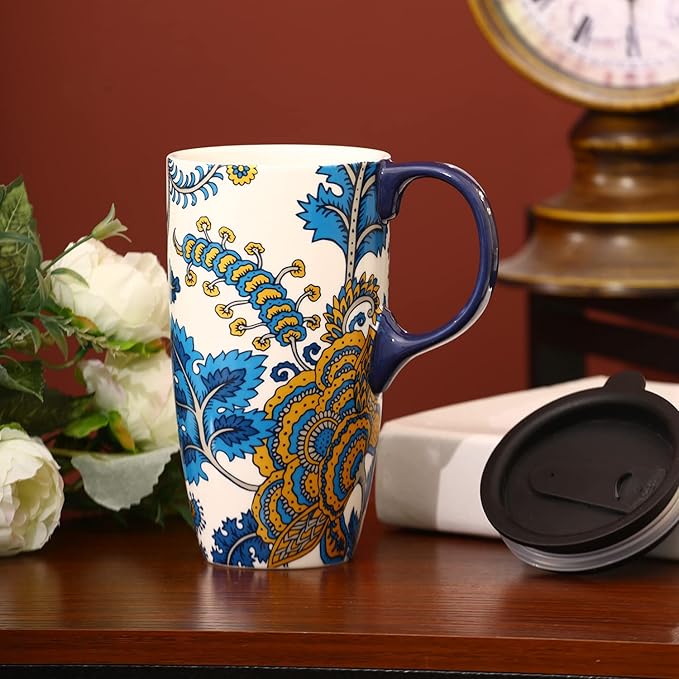 Topadorn Ceramic Mug with Lid and Handle,17oz. Tall Coffee Cup for Home,Party and Birthday,Blue Flower