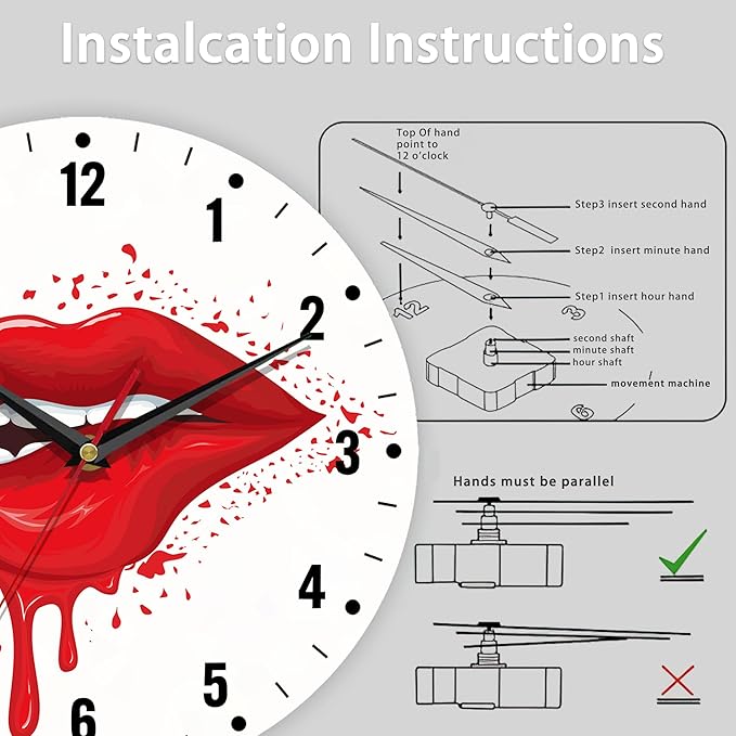 SPUNKER Clock for Bedroom,Red Lip Wall Clocks,Woman Sexy Biting Lips Battery Operated Wall Clock Silent Non-Ticking Decorative for Home Kitchen Bathroom Living Room Bedroom Office 10 Inch