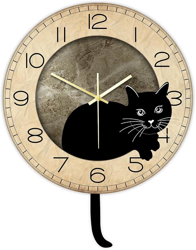 Black Cat Clock with Moving Tail Vintage, Funny Cat Wall Clock with Swinging Tail Silent Non Ticking Battery Operated Creative DIY Pendulum Wall Clock Black Kitty Decor Gift for Cat Lovers