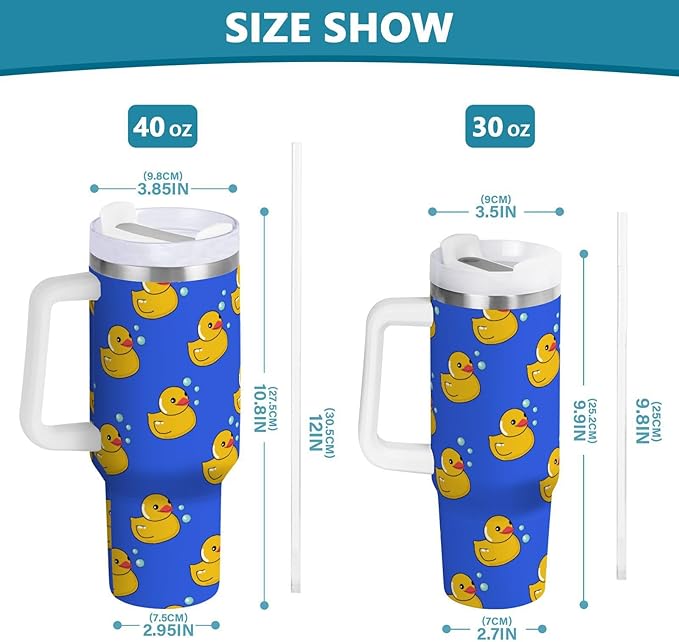 Boccsty Rubber Yellow Duck Blue Insulated Tumblers Reusable Stainless Steel Tumbler 40 oz Cup Coffee Travel Mug Water Bottle with Handle & Flip Straw for Home Office Car