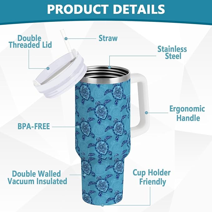 Boccsty Cute Blue Turtles Insulated Tumblers Ocean Sea Animal Reusable Stainless Steel Tumbler 30 oz Cup Coffee Travel Mug Water Bottle with Handle & Flip Straw for Home Office Car