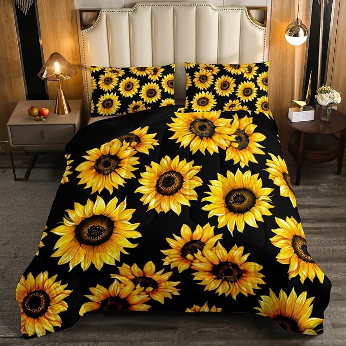 Sunflowers Comforter Set - Black & Yellow Sunflowers Print Bedding Set Twin Size for Kids Girls Women Room Decor,Cute Floral Bedding, 1 Soft Reversible Botanical Flowers Comforter and 1 Pillow Sham
