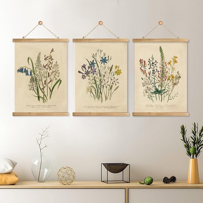 XIAOAIKA Wildflower Illustration Poster Set - 3-Piece Vintage Botanical Prints with Wooden Hanging Frames, Ideal for Home and Office Decor, 12x16 inches