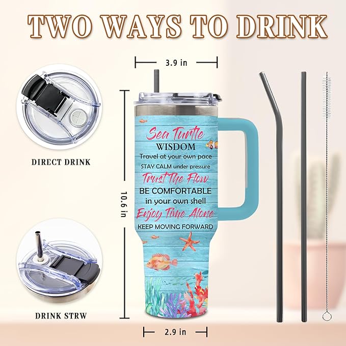 Turtles Gifts for Women, Sea Turtle Tumbler, Birthday Gifts for Sea Turtle Lover, Cute Animal Lover Gift for Women, 40 Oz Tumbler with Handle Lid and Straw