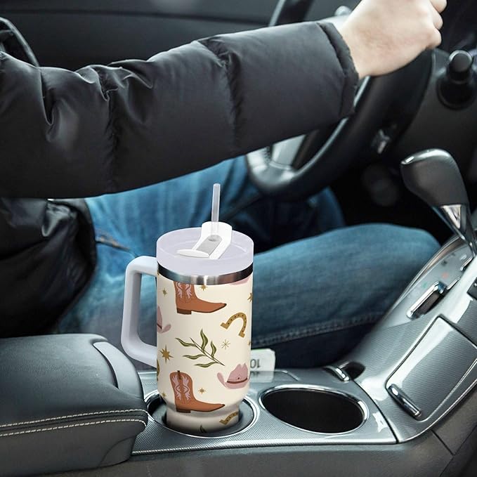 Boccsty Western Boho Print America Tribal Insulated Tumblers Reusable Stainless Steel Tumbler 30 oz Cup Coffee Travel Mug Water Bottle with Handle & Flip Straw for Home Office Car