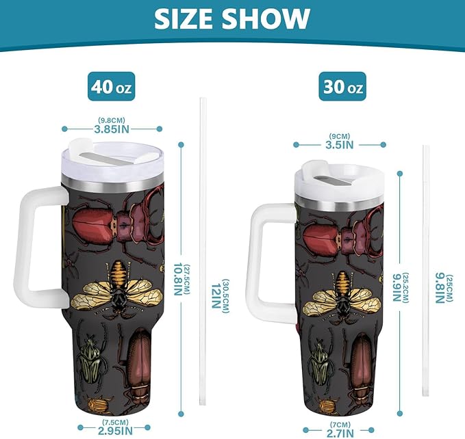 Boccsty Bright Insects Dark Insulated Tumblers Beetle Reusable Stainless Steel Tumbler 30 oz Cup Coffee Travel Mug Water Bottle with Handle & Flip Straw for Home Office Car