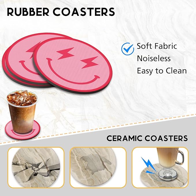 Swooflia Coasters for Drinks Coffee Table, Smile Face Cute Silicone Absorbent Cup Coaster Set Housewarming Kitchen Home Wooden Desk Office Bar Tabletop Decor 6 Pack