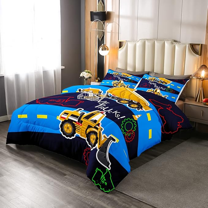 Truck Comforter Set Boys Full Down Comforter Kids Excavator Equipment Truck Bedding Set Construction Vehicle Quilt Duvet Set Cartoon Machinery Truck Gear Bulldozer Tractor Cars Duvet Set,Colorful