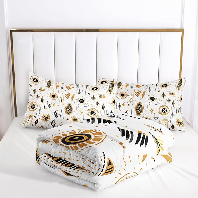 Boho Aztec Comforter Set Full Yellow Geometry Bedding Sets 3PCS for Kids Teen Adult Room Decor Ultra-Soft Lightweight Microfiber 1 Comforter with 2 Pillowcases