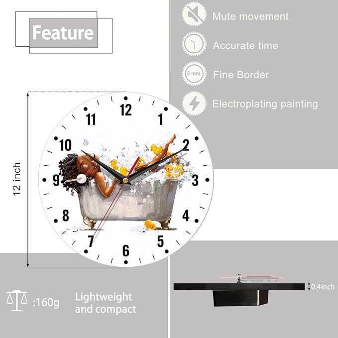 SPUNKER Wall Clocks,African Woman Bath Wall Clocks,Yellow Duck Battery Operated Wall Clock Silent Non-Ticking Decorative for Home Kitchen Bathroom Living Room Bedroom Office 10 Inch
