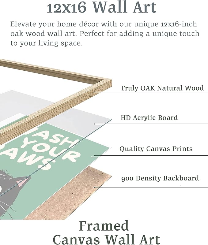 UPWOIGH Beige OAK Framed Wall Art Decor, Black Cat WASH YOUR PAWS Funny Wall Art, Waterproof Wood Framed Canvas Wall Art Animals Abstract Prints, 12"x16"High-end Pictures for Bedroom Bathroom 1 Pack