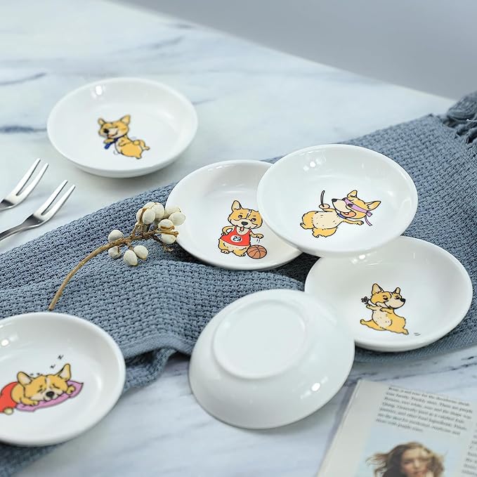 Super Cute Cartoon Animal Pattern Ceramic Sauce/Seasoning/Sushi Soy Dipping Bowl/Appetizer Plates/Serving Dish for Kitchen Home (Set of 6) - Corgi