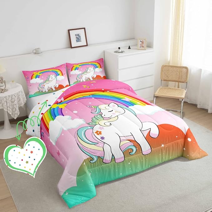 Unicorn Bedding Twin For Girls Kawaii Rainbow Unicorn Quilt Kids Galaxy Stars Comforter Set White Horse Floral Duvet Insert Fantasy Girls Room Decor Children Unicorn Reversible Pink With 1 Pillowcase