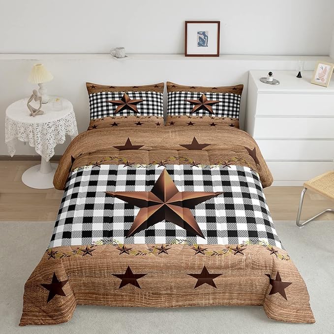 Western Texas Star Comforter Set Full, Farmhouse Black Plaid Bedding, Brown Vintage Country Star Bedding Comforter Sets, Retro Rustic Checked Grid Bedroom Decor Wooden Grain Quilt For Kids Boys Girls
