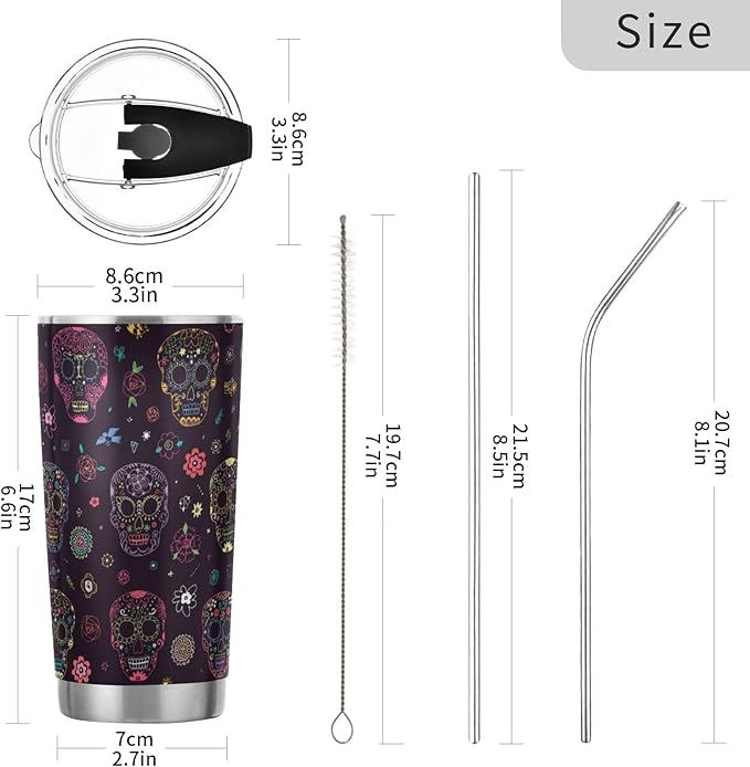 Tumbler Neon Sugar Skull Flower Insulated Halloween Office Coffee Cup Back to School Beverage Container Travel Mug with Straw and Lid Double Wall Stainless Steel 20oz