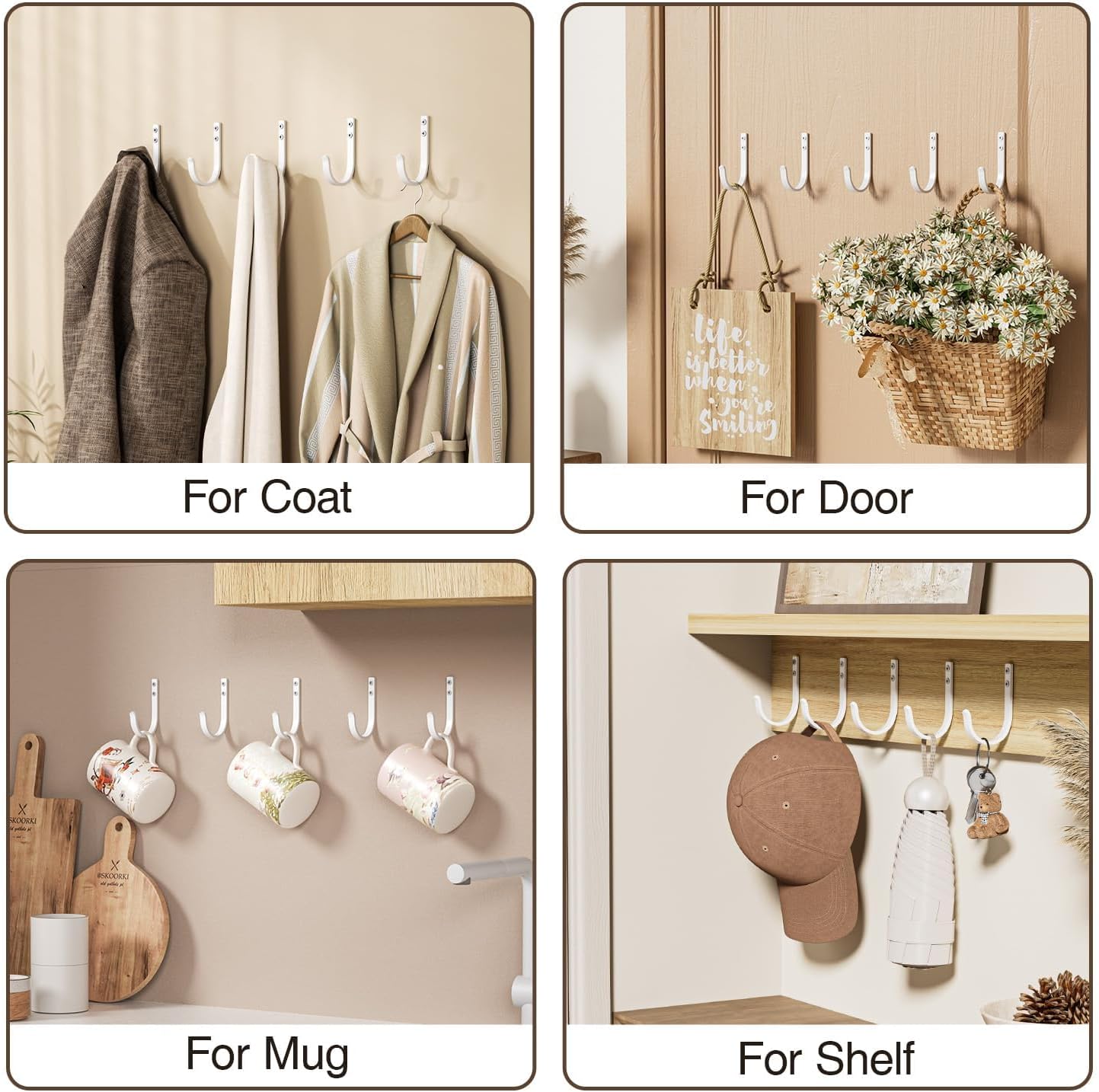 10-Pack Wall Hooks for Towel/Coat - 22LB Heavy Duty Metal Hanger Wall Mount, for Outdoor, Closet, Door, Shelf, Bathroom, for Backpack, Cup, Clothes, Mug, White Matte Screws Included