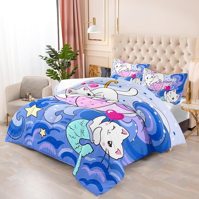 Suncloris Kids Mermaid Cat Comforter, Cats On Purple Blue Wave Bedding Bedspread for Girls Teens, Lovely Animal Bedroom Decor with 2 Pillow Cases (04, Twin)