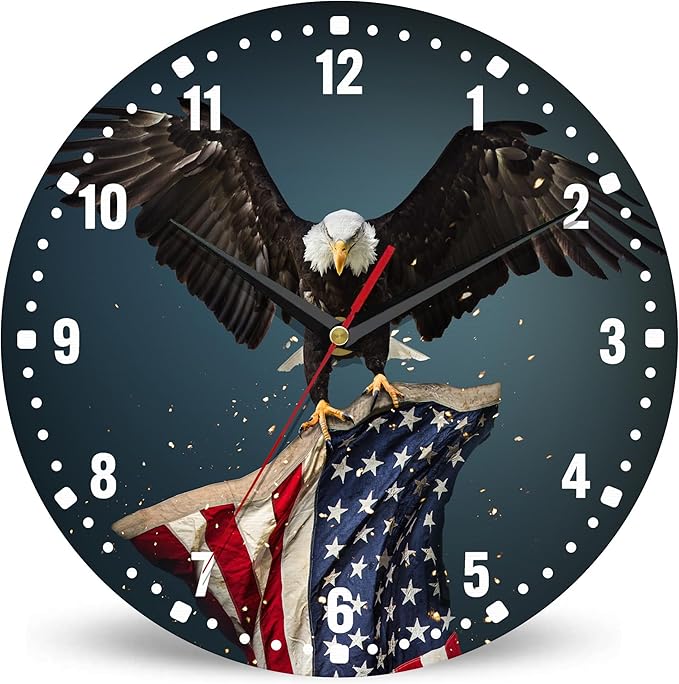 SPUNKER America Flag Eagle Wall Clocks,USA Bald Eagle Wall Clock Battery Operated 10 Inch,Round Clock Silent Non-Ticking Wall Decor for Farmhouse Office Home School Living Room Bedroom
