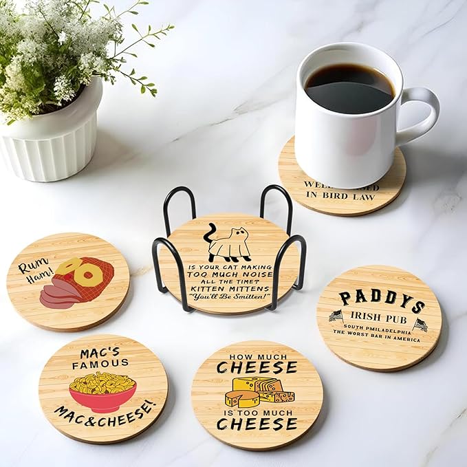 Sunny in Philadelphia TV Show Themed Merchandise for Fans, Funny Drink Coasters with Coaster Holder Set of 6, Cute Coasters for Drinks, Bar Cork Coasters for Coffee Desk Table