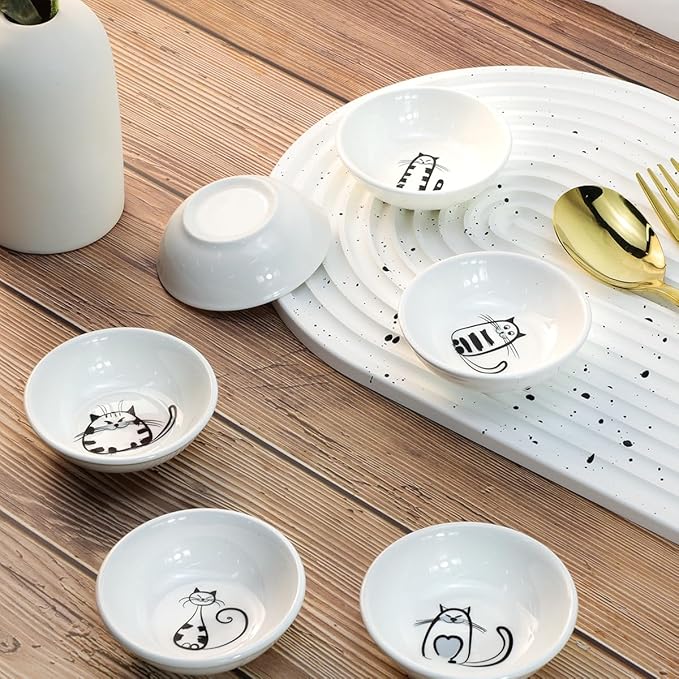 Super Cute Cat Ceramic Sauce Dish/Seasoning Bowl/Sushi Soy Dipping Bowl/Appetizer Plates/Serving Dish for Kitchen Home (Set of 6)