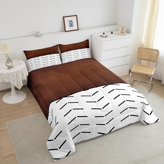 Boho Stripe Bedding Set Full Size Geometric Comforter Set Exotic Morden Black Brown Lines Down Comforter Tribal Minimalism Fashion Bedroom Decor 3 Pieces Duvet Insert for Adult Men Women
