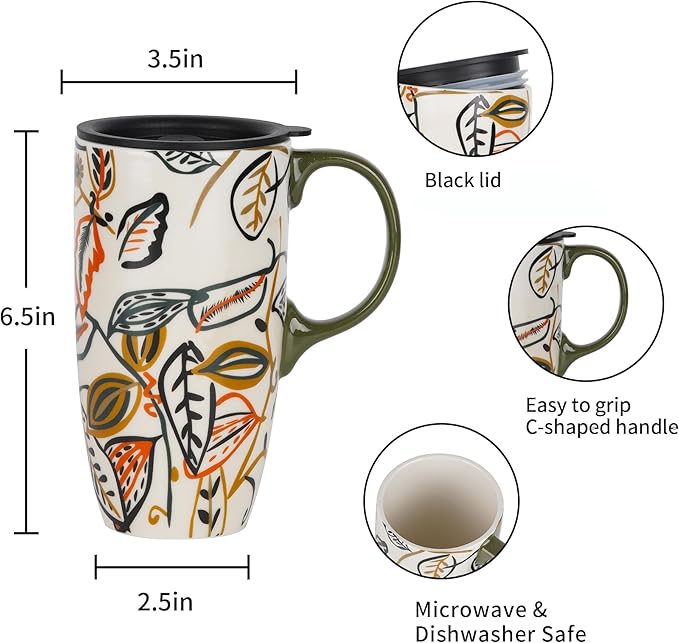 Topadorn Ceramic Coffee Mug Travel Cup with Lid Latte Mug,17oz.Leaves, Father's Day Gift