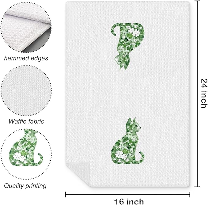 St Patrick's Day Cat Kitchen Towel, Four Leaf Clover St Patrick's Day Hand Towel, Lucky Shamrock St Patricks Day Cat Dish Towel, St Patrick's Day Kitchen Bathroom Decor, 16x24 Inch