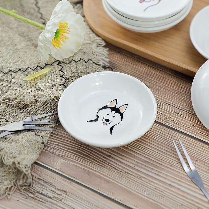 Super Cute Cartoon Animal Pattern Ceramic Sauce Dish/Seasoning Dish/Sushi Soy Dipping Bowl/Appetizer Plates/Serving Dish for Kitchen Home(Set of 6)-Dog Heads