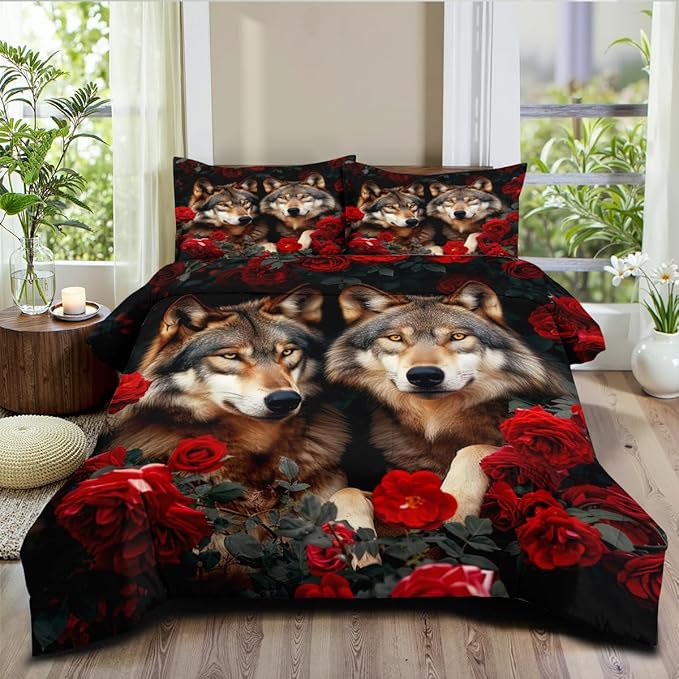 Wolf Comforter Set Twin Size Red Rose Wolves Bedding Set Wild Animal Bedding Sets Black Floral Animals Comforters Soft Down Alternative Comforter Sets for Girls Boys Kids Teens