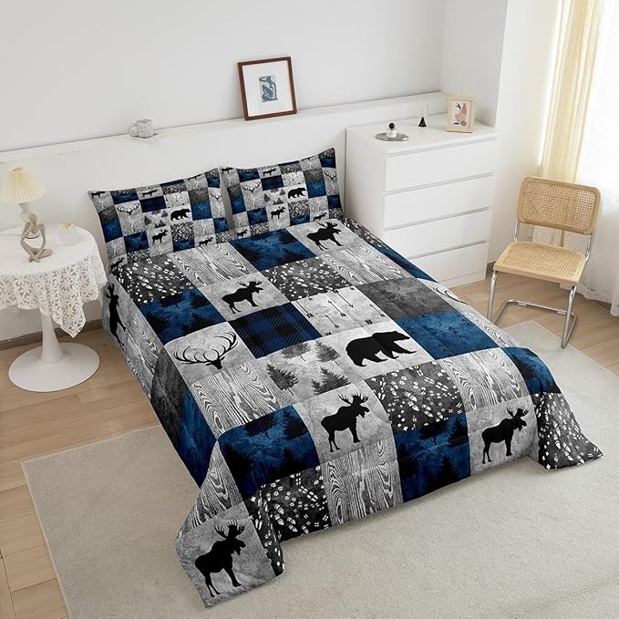 Bear Bedding Set Twin for Teens Boys,Buffalo Plaid Check Comforter Set Cabin Lodge Decor,Wild Animal Elk Antler Pattern Duvet Quilt Insert,Rustic Deer Patchwork Down Comforter 2pcs Blue Grey
