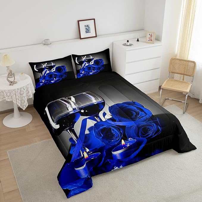 Blue Rose Comforter for Girls Boys Romantic 3D Rose Bedding Set King Wine Glass Blossom Floral Quilt Set Women Men Adult Gray Black Duvet Insert, Flower Petals Valentine's Day Bedding Comforter Sets