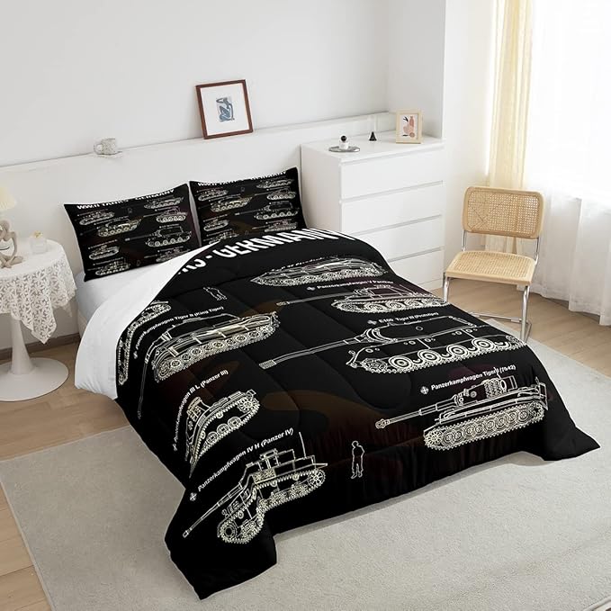 Tank Comforter Set Queen, War Theme Bedding Set, Soldier Dirt Bike Camouflage Army Acting Down Comforter For Kid Boy Teen Men,Camo Vintage Style Quilt Set, Military Vehicle Duvet Set Room Decor