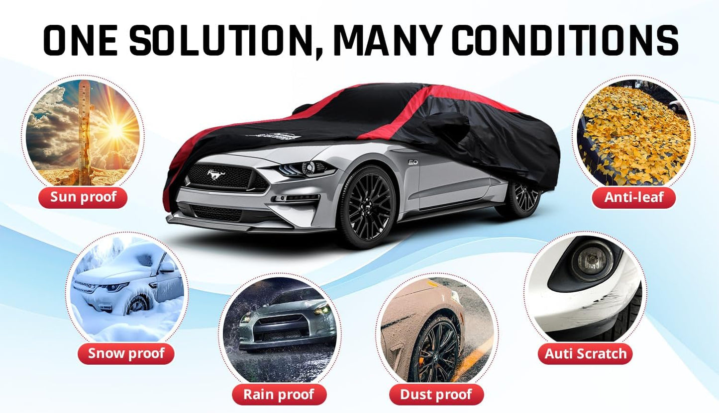 Mustang Car Cover Waterproof All Weather with Red Strip Design, Custom Fit for Ford Mustang 1994–2025, Mustang Accessory with Door Zipper & Windproof Straps