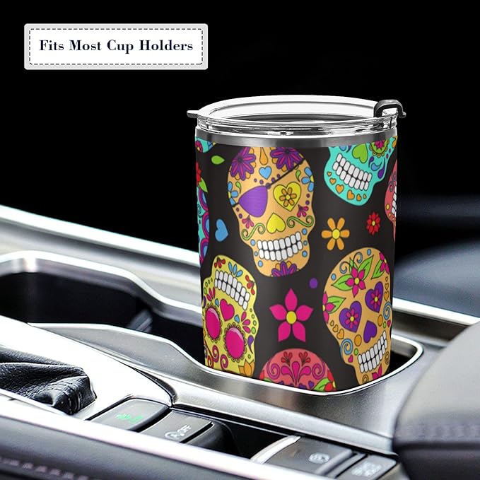 Tumbler Sugar Skull Insulated Coffee Cup Halloween Day of The Dead Beverage Container Travel Mug with Straw and Lid Double Wall Stainless Steel 20oz Holiday Gift