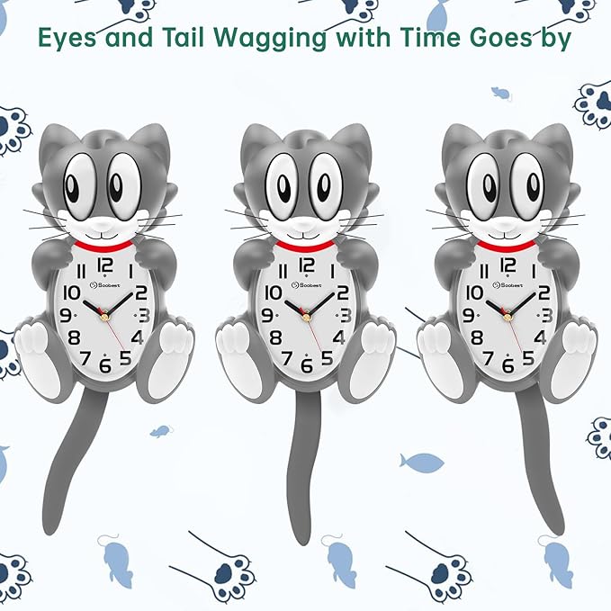 Soobest 18 Inch Large 3D Cat Wall Clock Battery Operated with Moving Eyes and Pendulum Tail, Retro Kids Analog Wall Clock for Gift Decor Gray