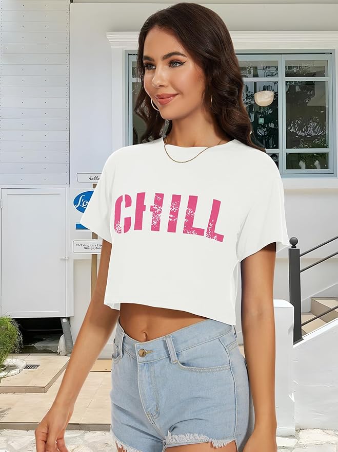 Womens Summer Crop Tops Short Sleeve Round Neck T-Shirts Loose Fit Casual Blouse