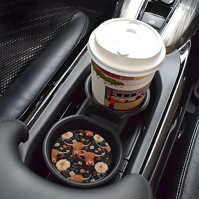 Absorbent Ceramic Car Coasters for Cup Holders, Yak Highland Cow Flower Design 2.56" Anti Slip Universal Drink Cup Coasters for Women Men (2 Pack)