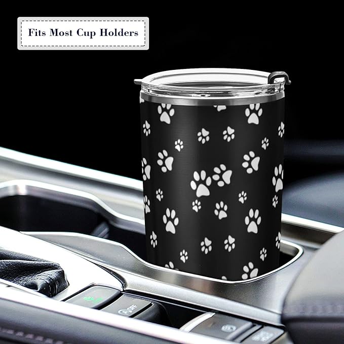 Tumbler White Dog Cat Paw Print Black Insulated Coffee Cup Beverage Container Travel Mug with Straw and Lid Double Wall Stainless Steel 20oz BPA-Free for Sport, Back to School