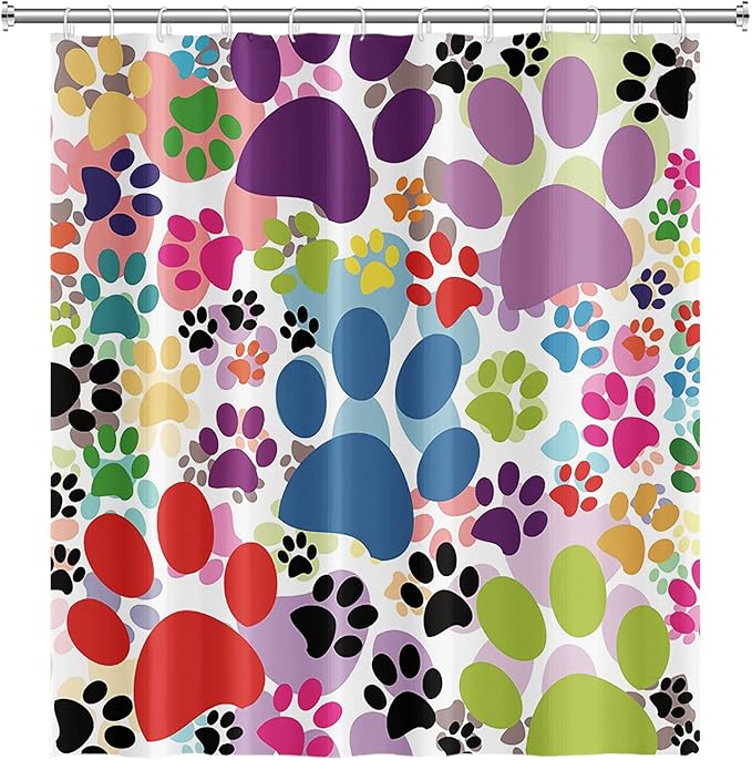 60x72inch Colorful Cartoon Dog and Cat Pawprints Kids' Shower Curtain Cute Animal Lovely Pet Puppy Cat Claw Prints Bath Curtain for Children Baby Bathroom Decor Fabric Polyester with Hooks