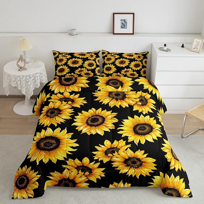 Sunflowers Comforter Set - Black & Yellow Sunflowers Print Bedding Set Twin Size for Kids Girls Women Room Decor,Cute Floral Bedding, 1 Soft Reversible Botanical Flowers Comforter and 1 Pillow Sham