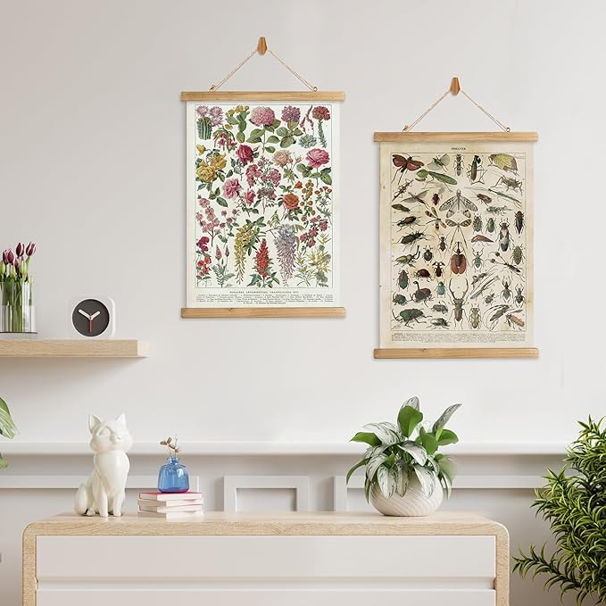 XIAOAIKA 2 Pack Vintage Posters: Botanical Garden Flowers & Insect Species - Illustrated Educational Charts with Wooden Frames for Nature Lovers, Home Decor Aesthetic, and Classrooms 16 x 23 Inches